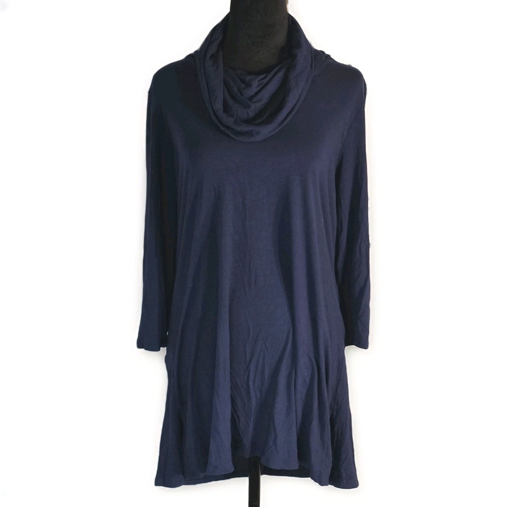 J.Jill Wearever Collection Women's Navy Cowl Neck Tunic Top Large Draped Hem